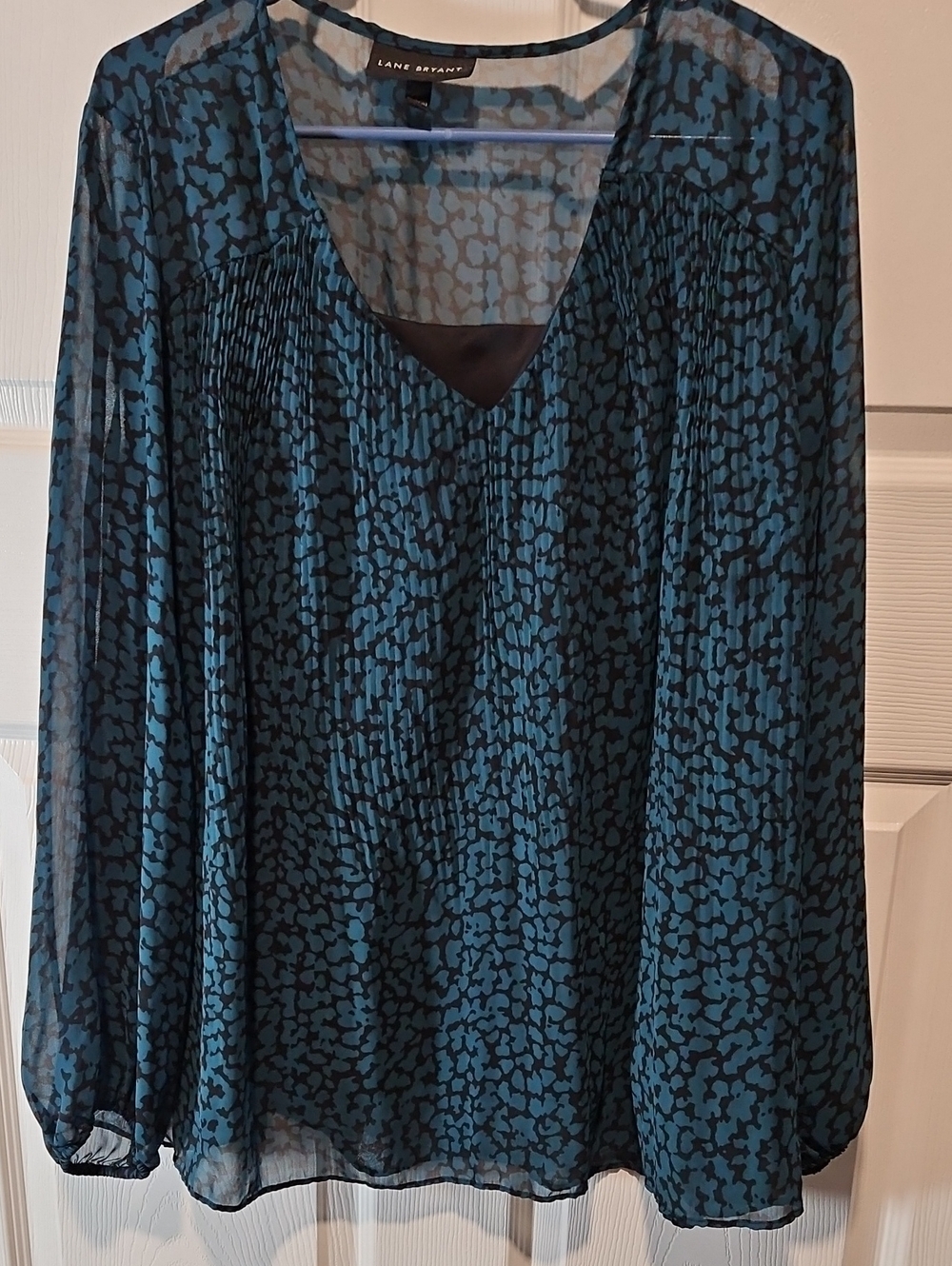 Lane Bryant Teal and Black Patterned V-Neck Blouse